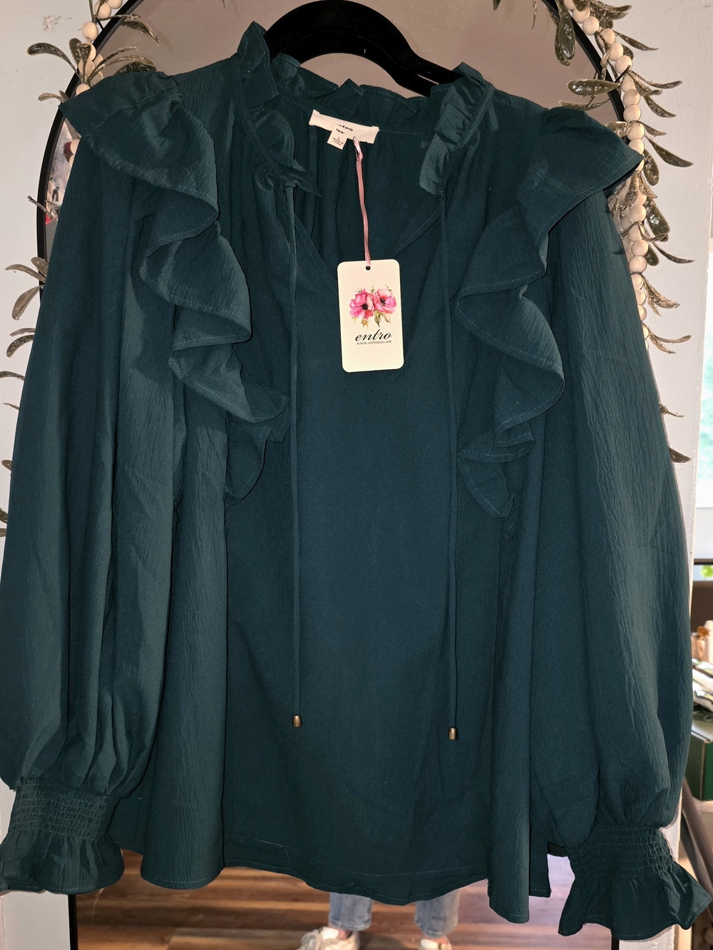 Entro Dark Teal Ruffled Long Sleeve Blouse